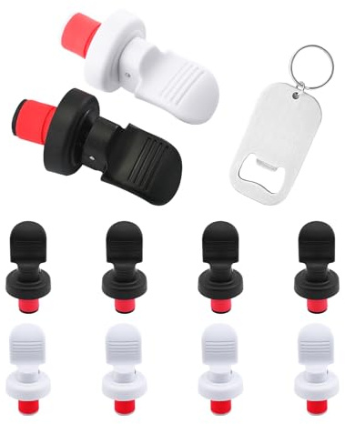 ONEBO 10 Stück 15mm Weinverschluss, Vakuumverschluss Hält Wein Frisch, Flaschenverschluss universal, mit einem Korkenzieher aus rostfreiem Stahl, geschenke für Weinliebhaber (5 schwarz und 5 weiß)