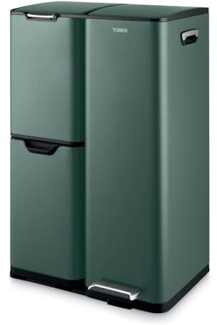Tower T838024FOR Recycling Pedal Bin, Three Individual Compartments with Removable Inner Buckets, Carbon Steel Body, 60L, Forest Green