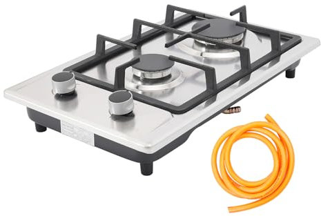 Gasherd, Gaskocher 2 Flammig mit Gas Pipe und Pressure Reducing Valve, 3KW+1.75KW Gaskochfeld für Küche, Büro oder Camping, 2800 Pa Kochplatte Elektrisch für Propan und Erdgas (Silber)