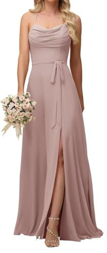 Abiti da damigella d'onore con spalline sottili per matrimonio chiffon increspato formale abito da sera con fessura AH122, Rosa polvere, 48