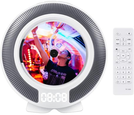 Fsjun Wall Mounted CD Player, Bluetooth/FM/USB/AUX Portable CD Music Player, Remote Control, Digital Display, Built-in HiFi Stereo Speakers, Desk Stand, Ideal for Bedroom, Kitchen, Home Audio