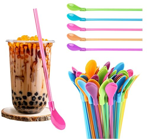 PEAPIN 10 Pcs Slush Straws, Colored Straw Spoon 2 in 1, Straws with Scoop | Reusable Straw for Smoothies Milkshakes Coffee Cocktail