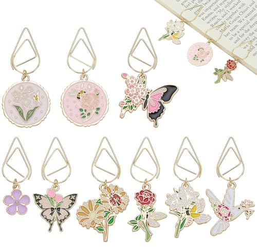 FINGERINSPIRE 9 Stück Lesezeichen Mit Blumen Und Schmetterlingsmotiv Mit Anhängern Aus Emaille Legierung Mit Vogelmotiven Goldfarben