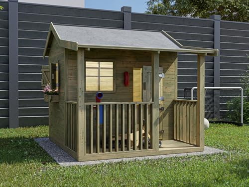 Prestige Garden Spielhaus Saloon KDI | 169x183x178 cm | Kesseldruckimprägniert | Mit Veranda, Fußboden & 3 Fenstern | Inkl. Blumenkästen | Kinder Spielhaus