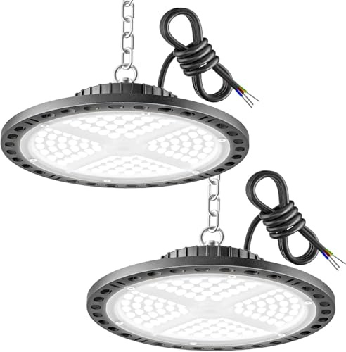YIQIBRO LED Hallenstrahler 200W, 2 Stück 20000LM Garagenbeleuchtung UFO Hallenbeleuchtung mit 11.8in Metallkette, Treiber, 6500K IP65 Werkstatt LED Deckenleuchte für Lagerhalle Fabriken