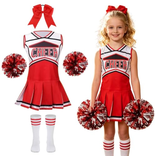 RRCBMD Girls Cheerleader Costume 5 PCS Cheerleader Outfit | Kids Cheerleader Outfit with Headband, Pom Poms, Socks for World Book Day