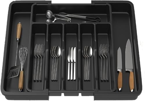 Cutlery Drawer Organiser, Adjustable Cutlery Tray,33-57CM Expandable Utensil Tray for Kitchen with 8 Compartment Holders, Flatware Holder, Compact Plastic Storage Insert for Spoons Forks Knives