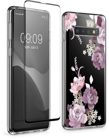kwmobile Hülle kompatibel mit Samsung Galaxy S10 Handyhülle - Silikon Case transparent - Mit Glas Schutzfolie - Blumenblüten und Rosen Pastelllila Transparent