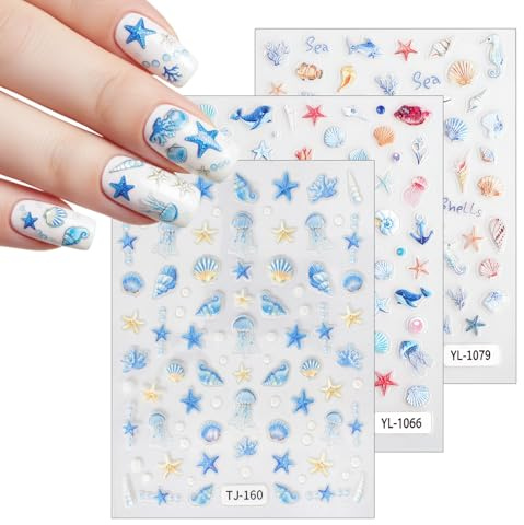 3 Blätter Nagelsticker, 5D Geprägte Ozean Nagelsticker Nagelaufkleber Selbstklebend Stereoskopisch Nagelaufkleber, für Frauen Mädchen Nagelkunst Geburtstag Weihnachtsgeschenke