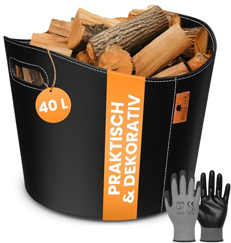 BLACK OAK Dakota L Panier à bois de cheminée en cuir synthétique noir Capacité de charge 30 kg 40 l 40 x 38 x 32 cm Panier à bois de chauffage Panier pour le transport et le rangement du bois Noir