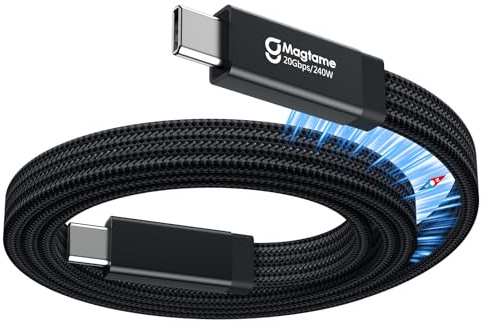 Magtame Cable USB-C Magnético Plano 240 W, 20 Gbps, USB 3.2, 8K, 0,7 m | Diseño plano trenzado anti-enredos, compacto y fácil de guardar, para portátiles, monitores, tabletas y dispositivos USB-C