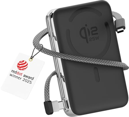 Power Bank Magnetico Qi2.2 25W Certificato – 10000mAh Power Bank Wireless Rapida – Cavo USB-C 35W Integrato – Batteria Esterna per MagSafe – Per iPhone 17/16/15/14/13 Pro/Max di WanderS – Nero