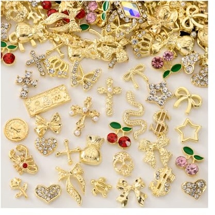CharmeFleur 100 Stück Gold Nagel Charms und Steine Verzierungen für Nageldesign Metall Schleife Kirsche Schmetterling Kreuz Herz Stern und