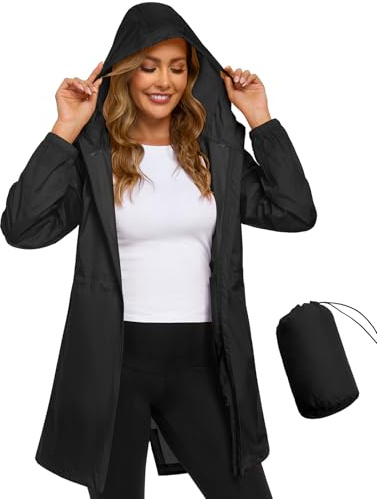 CMTOP Giacca Impermeabile Donna Cappotto Leggero e Ripiegabile Giacche Antipioggia Con Cappuccio Trench Sottile e Portatile Rain Jacket Primavera Estate per Viaggi e Ciclismo(Nero, L)