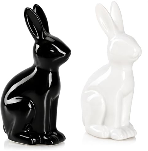 com-four® 2X Deko-Hase aus Keramik - schwarz, weiße Osterfigur zum Hinstellen - Moderne Hasen Aufsteller für Osterdekoration - stilvolle Frühlingsdeko für Tisch und Fensterbank (2X - schwarz. weiß)