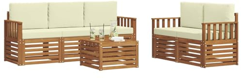 vidaXL Sofagarnituren 6 pcs Natur und Creme Massivholz Akazie, Moderne Gartenmöbel, strapazierfähiges Outdoor-Sofa, Lounge-Set für die Terrasse, bequemes Sitzen draußen