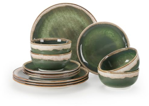 Sweejar Home 12 Pieces Ceramic Dinnerware Sets for 4, Gradient Glaze Plates and Bowls Set, Microwave & Dishwasher Safe, Stackable Dish Set, Scratch Resistant Dishware Sets,Green