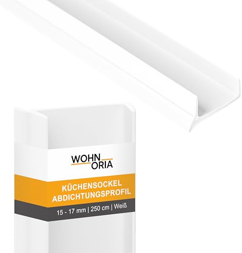 WOHNORIA Küchensockel Abdichtungsprofil 15-17 mm 250 cm | WEIß | Sockelprofil Sockelblendenprofil | Küchenleiste mit Gummilippe | flexibel & wasserdicht | für Küchensockel, Boden & unter Möbel