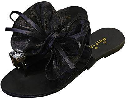 Schuhe Frauen Blumen Bogen Flache Ferse Zehen Sandalen Slipper Beach Freizeitschuhe (36,Schwarz)