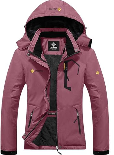 GEMYSE Damen Wasserdichte Berg-Skijacke Winddichte Skijacke Fleece Outdoor-Winterjacke mit Kapuze (Rosa,XL)