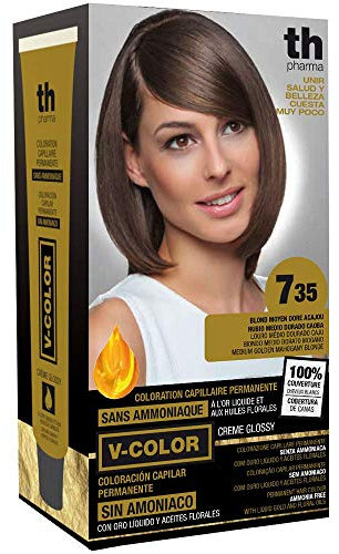 Th Pharma V-Color Kit de Tinte permanente Sin Amoniaco con Oro Líquido 100% Cobertura de canas, 120 ml (No. 7.35 Rubio medio dorado caoba)