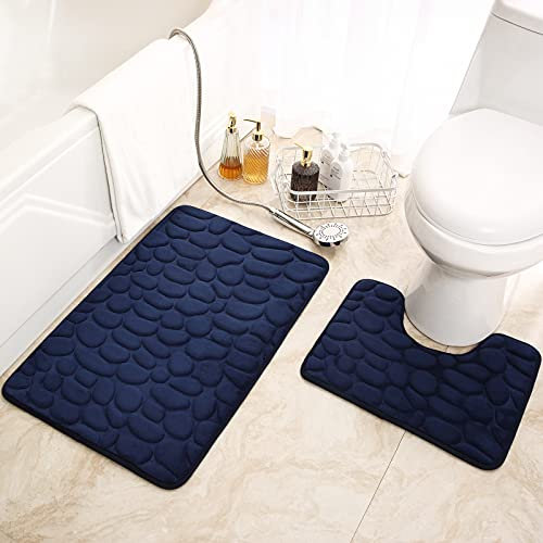 LiveGo Badematten-Set, 2-teilig, Badezimmermatte und U-förmiger Kontur-Toilettenvorleger-Set, Memory-Schaum, rutschfest, saugfähig, maschinenwaschbar, schnell trocknend, Duschboden-Badematte (blau)