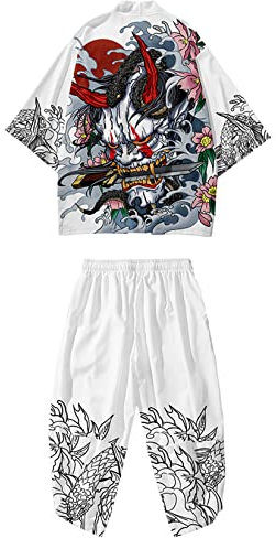 DOSLAVIDA Ensemble de veste kimono japonaise pour hommes, veste élégante ouverte sur le devant avec short, cardigan imprimé de style chinois, Large