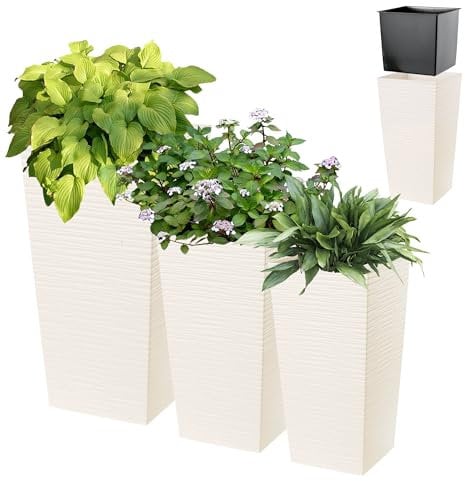 KADAX Set di 3 vasi alti per piante, Crema, H 36,5/46,5/57 cm – fioriera da esterno, vaso per piante da interno, vaso grande da giardino