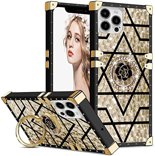 SINQERISHT Retro Quadratische Schutzhülle für Samsung Galaxy A71 4G Hülle Luxus Stern Blume Design Weiche TPU Metallbeschichtung Bumper Stoßfest Schutz mit Diamant Ring Ständer Cover(Gold)