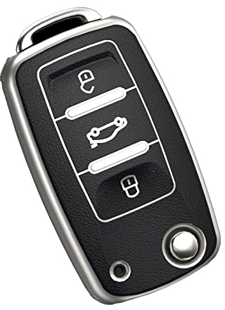 OATSBASF Car Key Case VW, VW Golf Key Box, Key Cover for VW Polo Passat Skoda Seat 3 Buttons (Black-Leather Y)