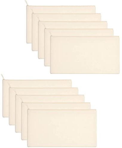 10 Stücke DIY Blanko Stoffbeutel, Stoff Federmäppchen Mäppchen zum Bemalen Kosmetiktasche Stoffbeutel Reißverschluss Blanko Makeup Tasche Reise Kulturbeutel Klein, 21 x 12 cm (Weiß)