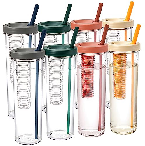 Mezchi 8 Stück Kunststoff-Frucht-Infuser-Wasserflasche mit Strohhalm, 666 ml, wiederverwendbarer Infusionsbecher, dünne Zitronen-infundierte Wasserflasche für Fahrrad, Camping und Reisen, weiß, rosa