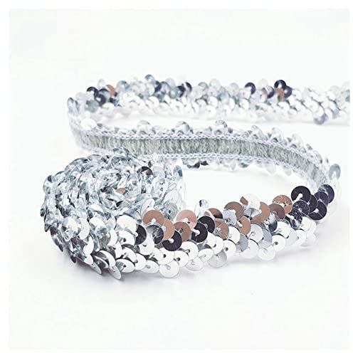 SHTGOI 10 Yards Pailletten Bänder Elastisch Glitzer Paillettenbesatz 2 cm Breite Paillettenband Trim 2-Reihiger Paillettenborte Stoffband für DIY Nähen Kleidung Handwerk Deko Silber