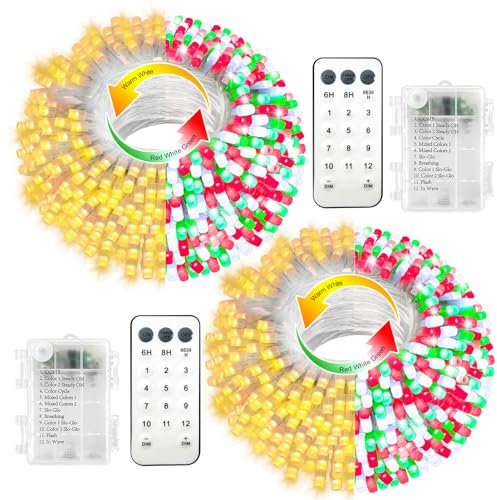 CCILAND 2 Pack Red White Green Christmas Tree Lights Battery Powered, 20M 200 LED Dual Color Changing String Lights with Remote Timer for Indoor Outdoor Xmas Home Decor