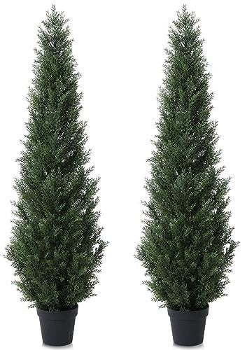 CROSOFMI Artificial Plants Outdoor 155 cm Fake Cedar Tree Large Faux Plants With Plastics Pots for Garden Front Porch Decoration (2 Pack)
