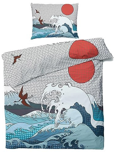MOBEITI Japanische Bettwäsche 135x200, Japan Style Wellen Wendebettwäsche, Weiche Kuschelige Mikrofaser Bettbezug Set 2teilig, 1 Kissenbezug 80x80, mit Reißverschluss - Asiatische Motive 20