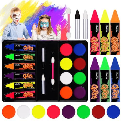 AOOWU Pintura Corporal y Facial, 17PCS Kit de Pintura Facial Para Niños (Contiene colores fluorescentes), No Tóxica Pinturas Cara para Niños, Kit Maquillaje para Halloween Festival Fiesta Cosplay