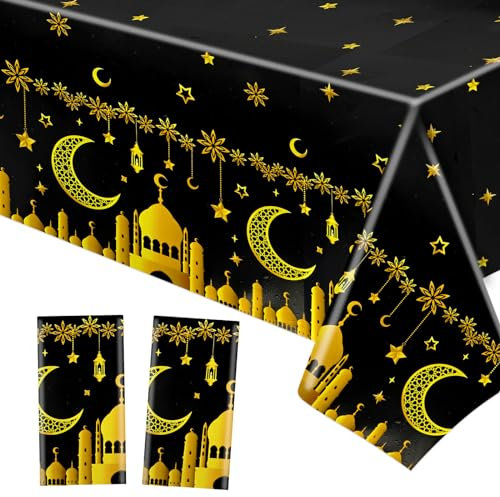 HOWAF 2 Ramadan Tischdecke Eid Mubarak Einweg-Kunststoff-Tischdecken, PVC Mond Stern Rechteck Tischdecke Ramadan Tischdecken Wasserdicht für Ramadan Dekoration Eid Mubarak Dekoration, Blau