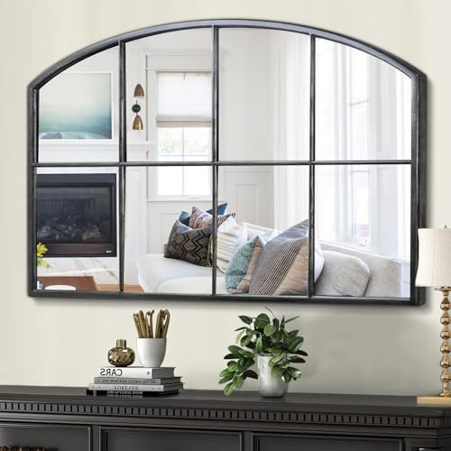 Jesantab Specchi da finestra vintage argentati per decorazione da parete, specchio ad arco largo per fattoria, specchio decorativo con cornice in legno per soggiorno, ingresso, corridoio, camino, 106