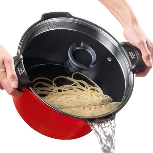 ACTIV CUISINE Pastatopf mit Siebdeckel, 8,5 l, Suppentopf aus Aluminiumguss, Antihaft-Keramikbeschichtung erleichtert die Reinigung mit Deckel aus gehärtetem Glas, spülmaschinenfest, Induktion, Rot
