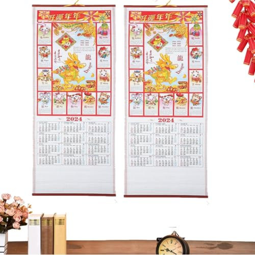 JINGAN Chinesisches Neujahr des Drachen Kalender Wandrolle | Chinesische Neujahrsschriftrolle 2024 | Jahr des Drachen Sternzeichen Wandkalenders Zum Aufhängen | Monatlicher Mondkalender