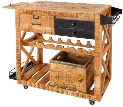 riess-ambiente.de Industrial Barschrank Bodega 86cm Mangoholz Servierwagen mit Weinregal und Aufhängung