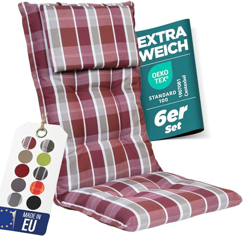 gardisun Gartenstuhlauflagen Hochlehner mit Kopfteil, 6er Set, Rot kariert | Extra Dicke Sitzauflagen, Made in EU, Polsterauflagen für Hochlehner, Auflagen mit extra hoher Lichtechtheit