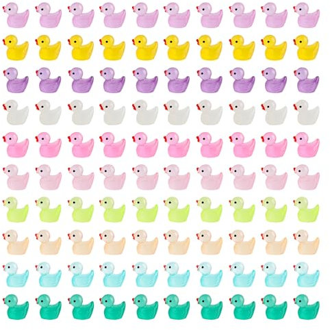 FIHODONE 100 Stück Mini Enten Bunten Noctuluzentes Licht,Kleine Enten Resin 10 Farben,Ente Minifiguren,Mini Badeenten Deko,Duck Mini Figuren für DIY Aquarium,Garten,Puppenhaus