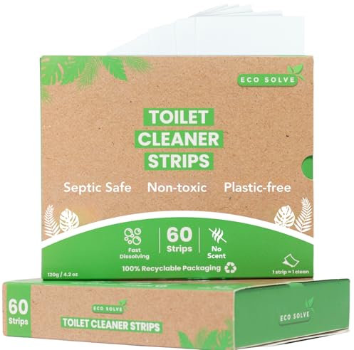 Eco Solve Toilet Bowl Cleaner Strips 60 Count, Unscented Eco-friendly, Non-toxic, Septic Safe, Removes Odors & Stains, Plastic-free, Natural Toilet Bowl Cleaner for Quick and Easy Cleaning