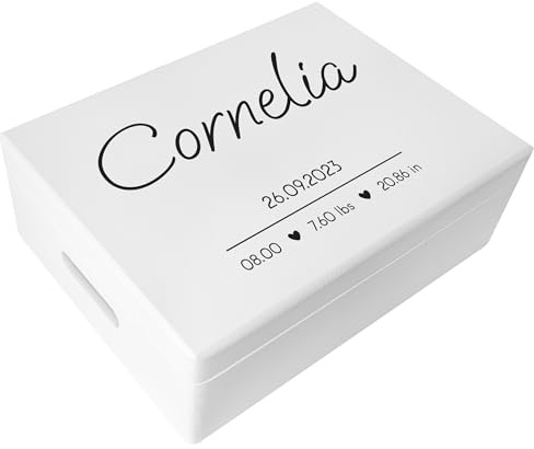 Creative Deco Weiße Erinnerungsbox Baby Personalisiert mit Namen 40x30x14cm | Herzen | Individuelle Erinnerungskiste Geschenk zur Geburt für Mädchen und Jungen | Holzkiste mit Deckel