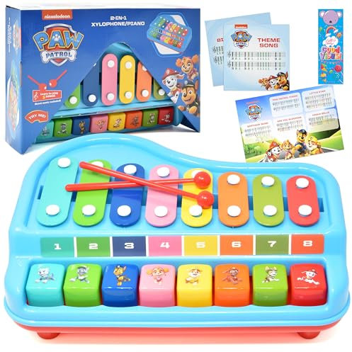 Paw Patrol 2-in-1 Baby-Klavier-Xylophon-Spielzeug für Kinder, Kleinkinder, Mädchen, Jungen, Musikinstrument mit bunten Tasten, Tastatur, Notenblätter, zwei Schlägel