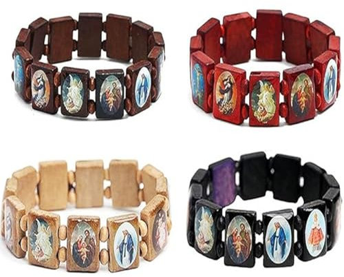 Christliches Armband Holz Holy Saints Armbänder Rosenkranz Katholisch Stretch Armreif mit Bildern Jesus Armband Religiöse Heilige Heilige Götter Göttin Gebet,4 Stück