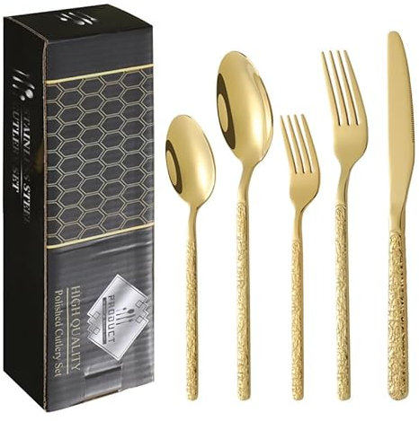 CVNIMV Besteckset, 20-teilig, Edelstahlmesser, Gabel und Löffel mit Steinmuster im Retro-Design, Dessertlöffel und Gabel, Geschirrset