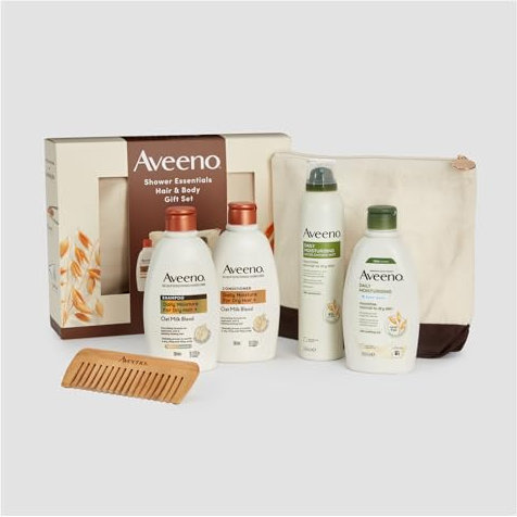 Aveeno Shower Essentials Hair & Body Gift Set, Including Body Wash 300ml, Oat Milk Blend Shampoo 300ml, Oat Milk Blend Conditioner 300ml, Moisturising After-Shower Body Mist 200ml, Comb & Wash Bag